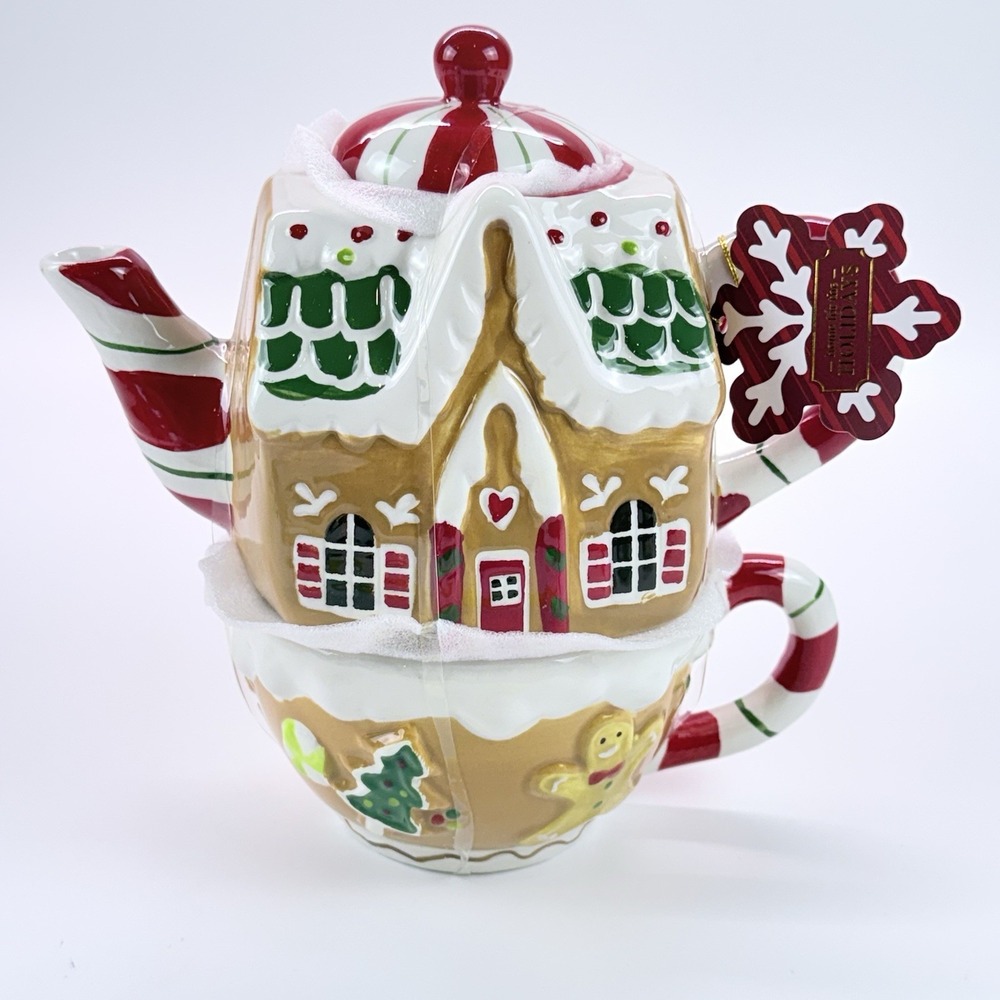 3pc Xmas Gingerbread House Teapot W-Gingerbread Design‎ Mug Set